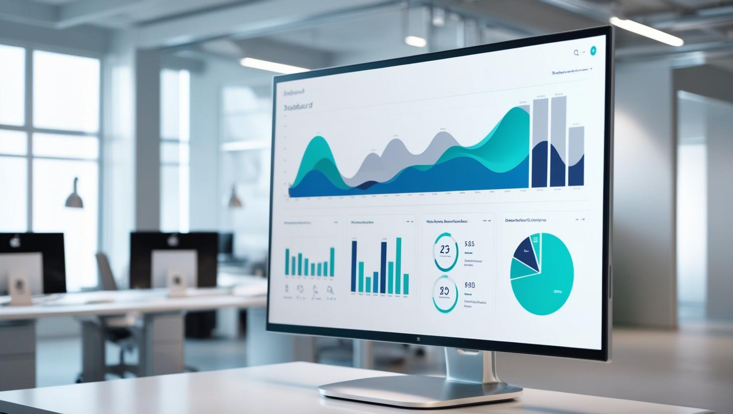 A dashboard with graphs and KPIs on a screen, background showing a tidy and modern office, productivity and optimization theme, high-tech ambiance. (1) Automatyzacja procesów biznesowych – komputerowy monitor z wykresami i diagramami