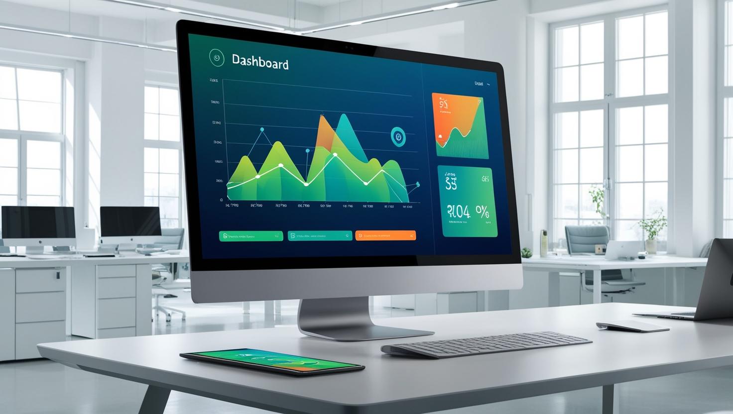 A dashboard with graphs and KPIs on a screen, background showing a tidy and modern office, productivity and optimization theme, high-tech ambiance. Monitor z wykresem – Automatyzacja procesów biznesowych