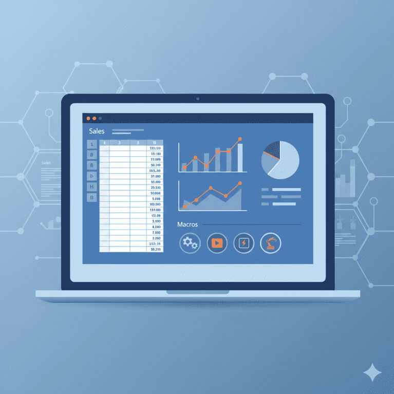Integracje-z-SAP_1_optimized_250 Laptop z otwartym arkuszem Excel i ikonami makr – ilustracja automatyzacji raportów i analiz w Excelu.