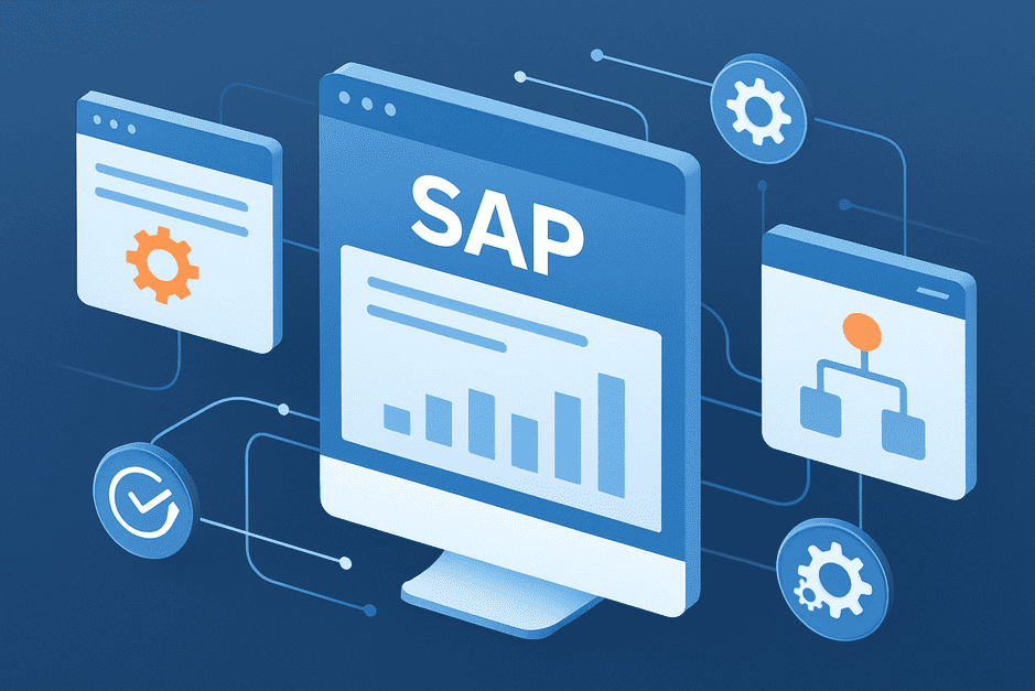 Ilustracja systemu SAP połączonego liniami danych – automatyzacja transakcji i integracje biznesowe.