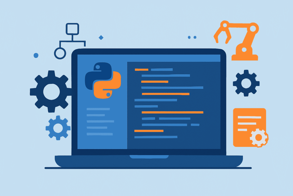 narzędzia-w-Pythonie_3_optimized_500 Ilustracja laptopa z kodem Python i ikonami automatyzacji – nowoczesne narzędzia do przetwarzania danych.