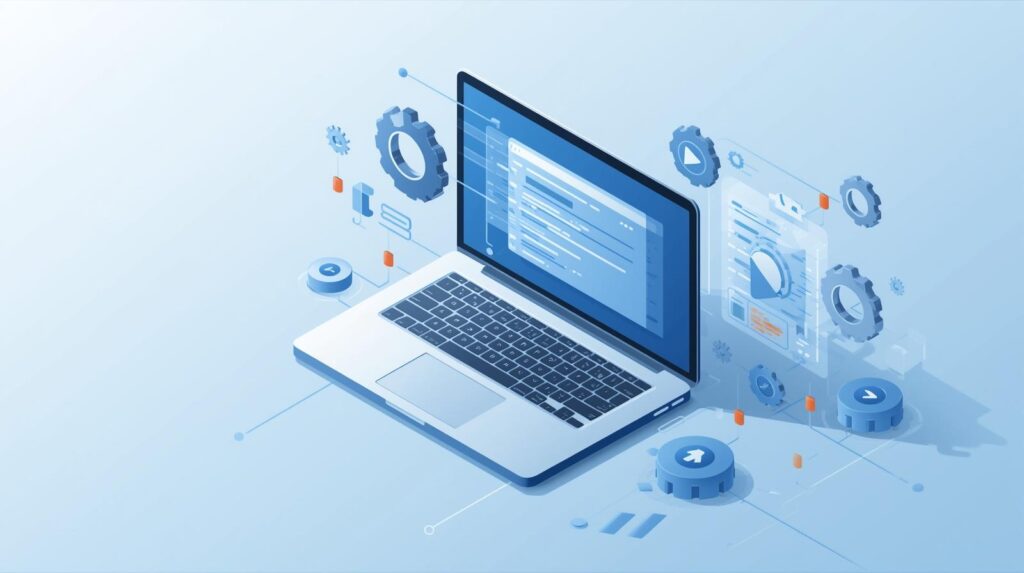 Minimalistyczna ilustracja laptopa z otwartymi oknami systemu – symbolizująca automatyzacja SAP za pomocą SAP GUI Scripting i Python.