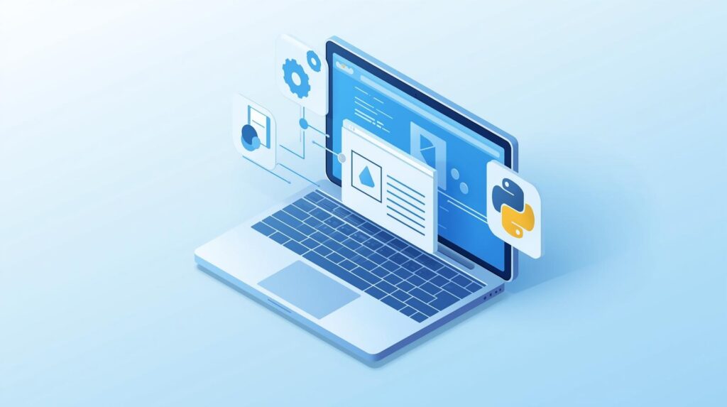 Nowoczesna ilustracja przedstawiająca automatyzację w SAP GUI Scripting z Pythonem – ekran komputera z interfejsem SAP GUI oraz elementami kodu Python.