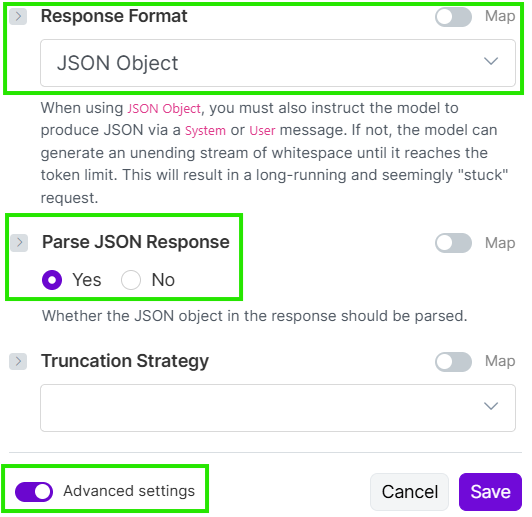Moduł OpenAI w Make.com – konfiguracja odpowiedzi w formacie JSON, kluczowa w procesie „jak zbudować agenta AI”.
