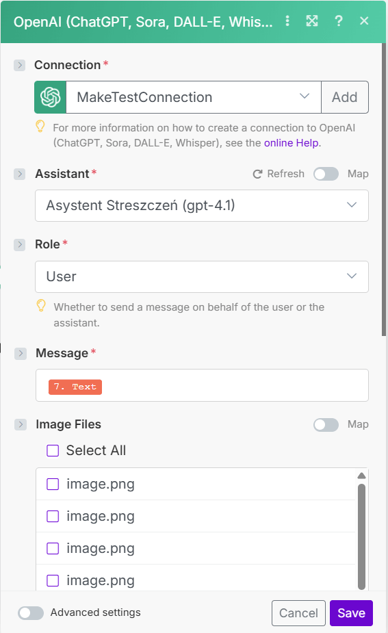 Konfiguracja modułu OpenAI Message an assistant w Make.com – integracja przepływu automatyzacji z asystentem GPT-4.