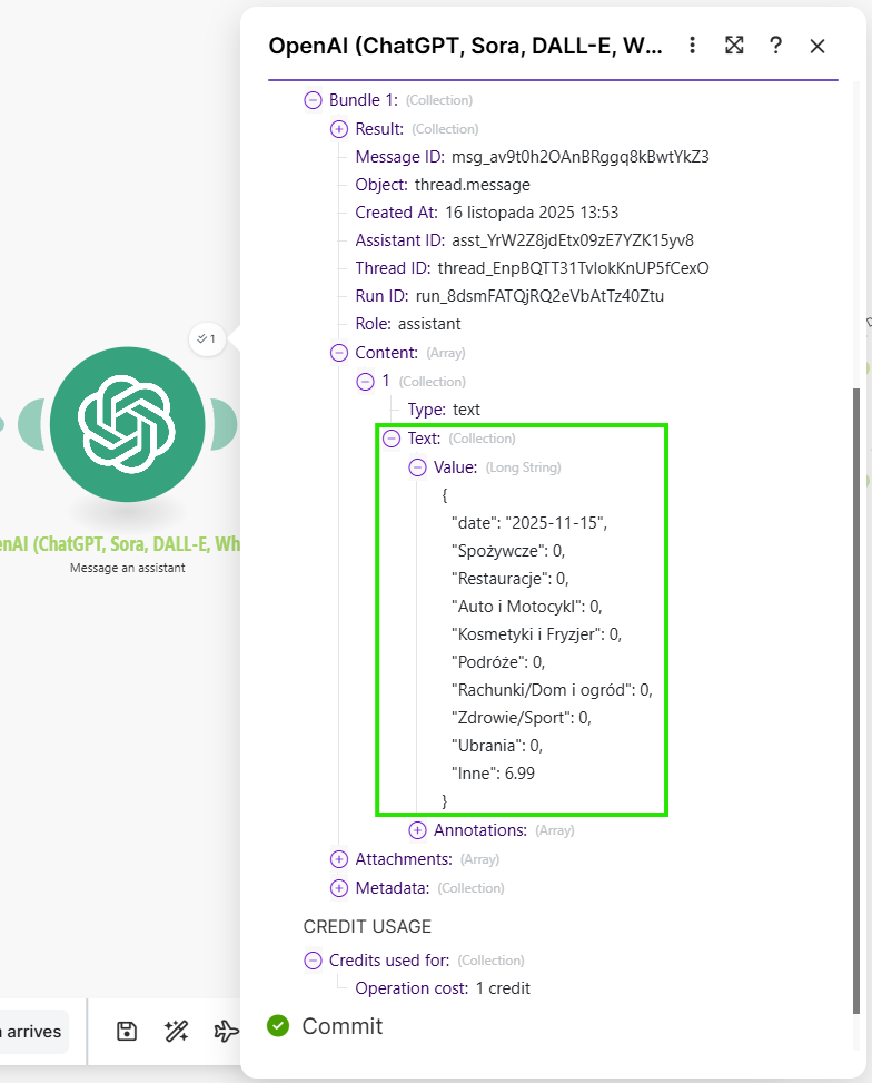 Przykładowy fragment odpowiedzi w JSON wygenerowanej przez asystenta AI analizującego dane z paragonu.