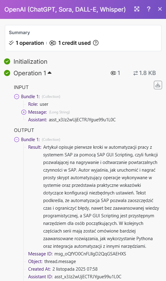 Wynik działania automatyzacji w Make.com – streszczenie artykułu wygenerowane przez asystenta AI OpenAI.