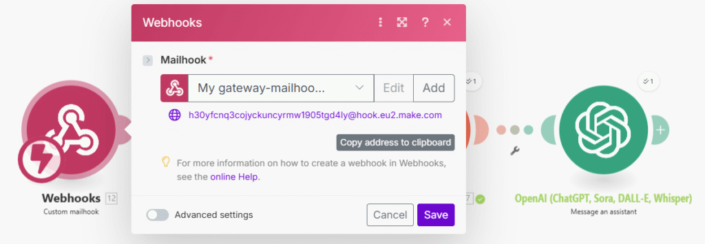 Tworzenie modułu Custom Mailhook w Make.com – konfiguracja adresu e-mail do uruchamiania automatyzacji w Make.com