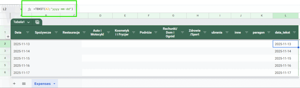 Tabela Google Sheets używana przez finansowego agenta AI — kolumny dat, kategorii wydatków i linków do paragonów