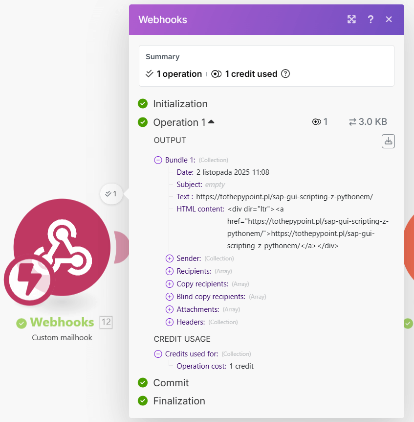 Podgląd parametrów odebranego e-maila w module Mailhook Make.com – automatyzacja uruchamiana przez wiadomość e-mail