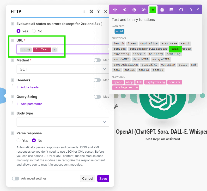 Zastosowanie funkcji trim() w module HTTP Make.com – usuwanie białych znaków z linku przekazywanego z Mailhooka