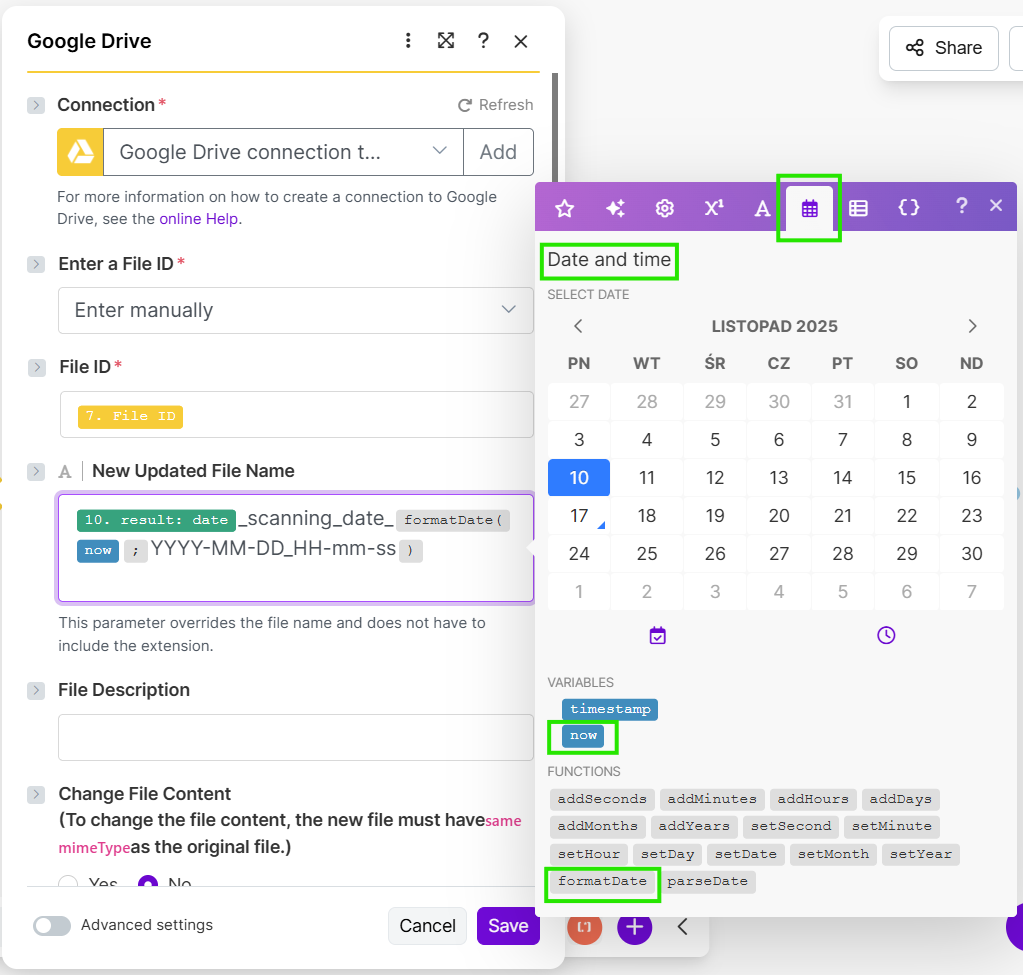 Zmiana nazwy pliku w Google Drive w Make.com z użyciem funkcji formatDate — jak zbudować agenta AI
