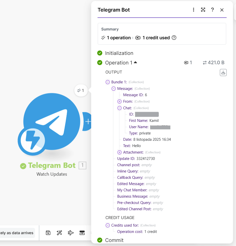 Zrzut ekranu z Make.com przedstawiający moduł Telegram Watch Updates, w którym widoczny jest Chat ID użytkownika.