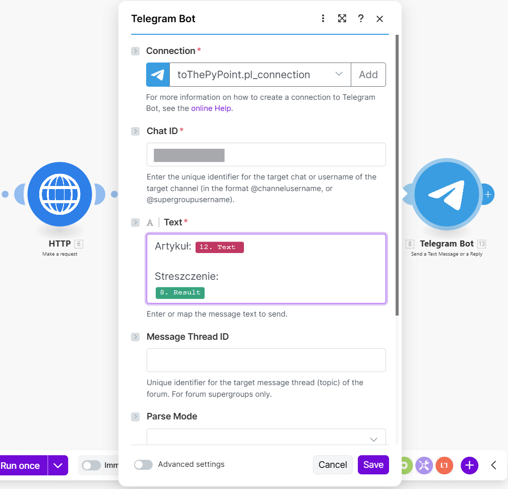 Konfiguracja modułu Telegram Bot Send a Text Message or a Reply w Make.com, pokazująca ustawienia tokena API, Chat ID oraz treść wiadomości.