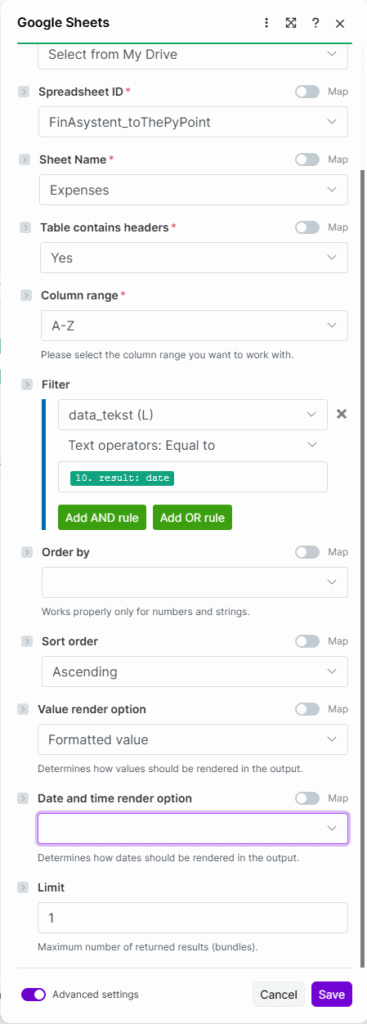 Konfiguracja modułu Google Sheets Search Rows w Make.com — wyszukiwanie daty dla agenta AI