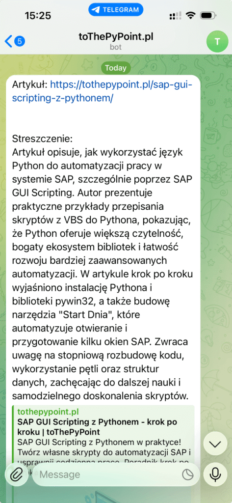 Aplikacja Telegram z przykładową wiadomością od bota, zawierającą streszczenie artykułu przesłane przez agenta AI stworzonego w Make.com.