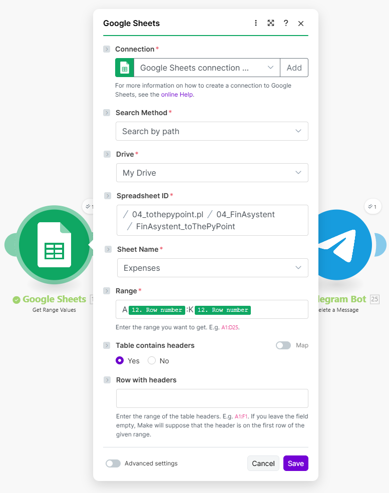 Pobieranie danych z Google Sheets w module Get Range Values — budowa agenta AI w Make.com