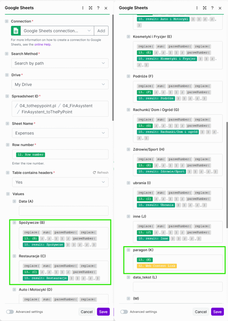 Konfiguracja modułu Update a Row w Google Sheets — sumowanie wydatków przez agenta AI