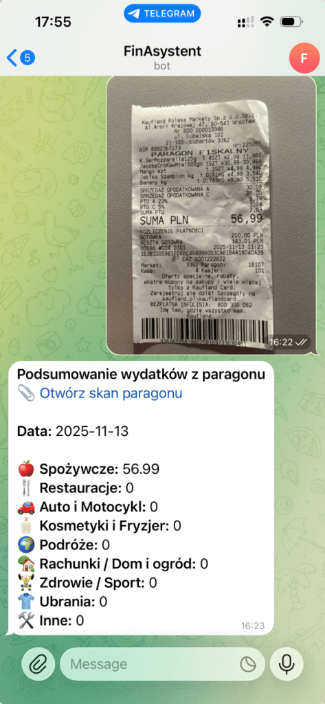 Wynik działania finansowego agenta AI — podsumowanie wydatków wysłane w wiadomości Telegram