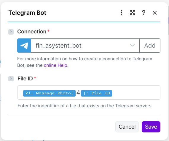 Konfiguracja modułu Telegram w Make.com umożliwiająca automatyczne pobieranie paragonów przesyłanych przez użytkownika.