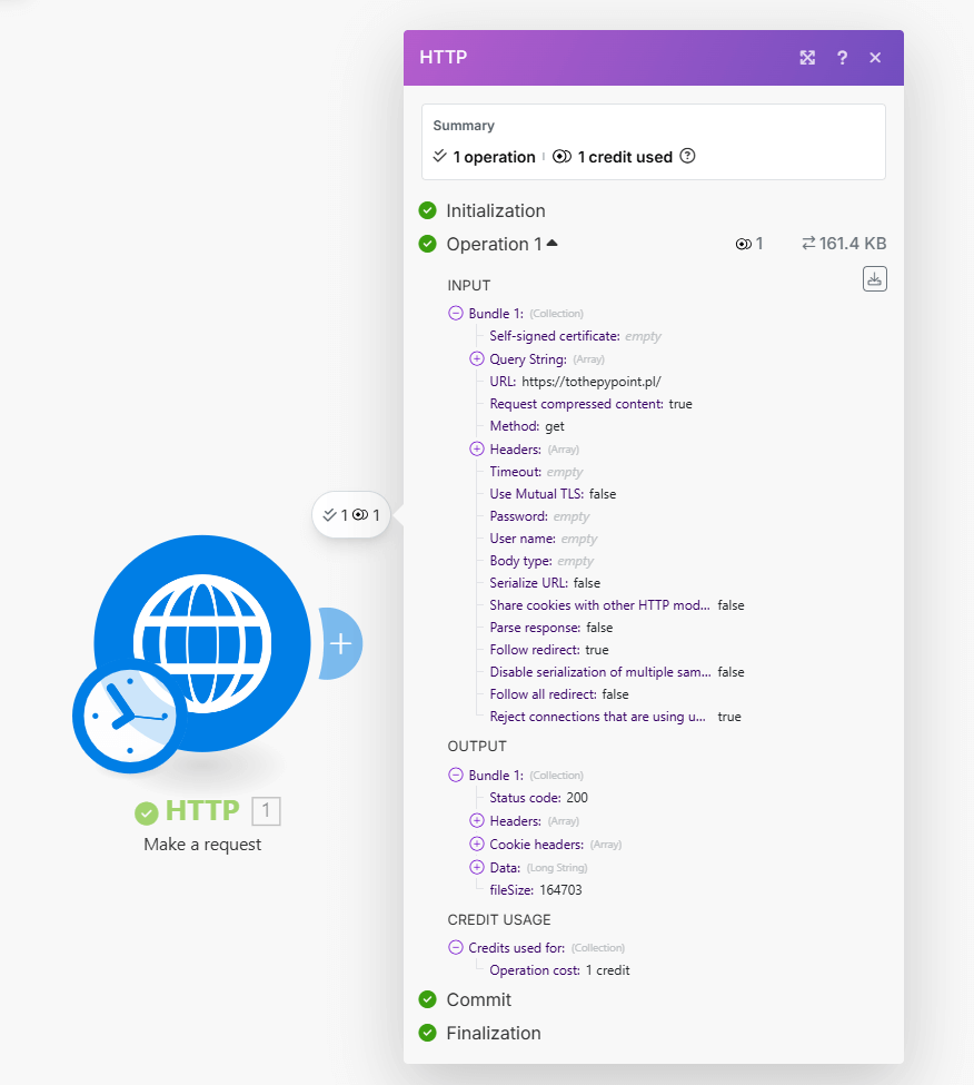 Wynik dzialania modulu HTTP w Make.com pokazujacy pobrane dane z wybranej strony internetowej