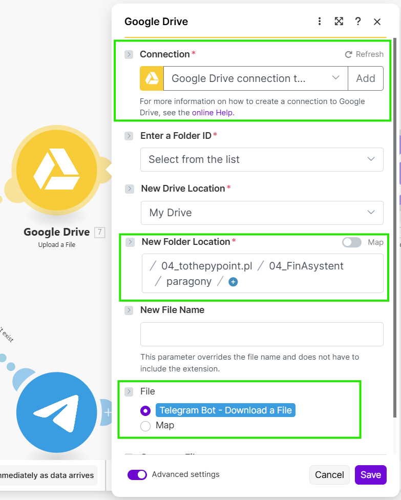 Widok działającego modułu Google Drive – Upload a File w scenariuszu „jak zbudować agenta AI
