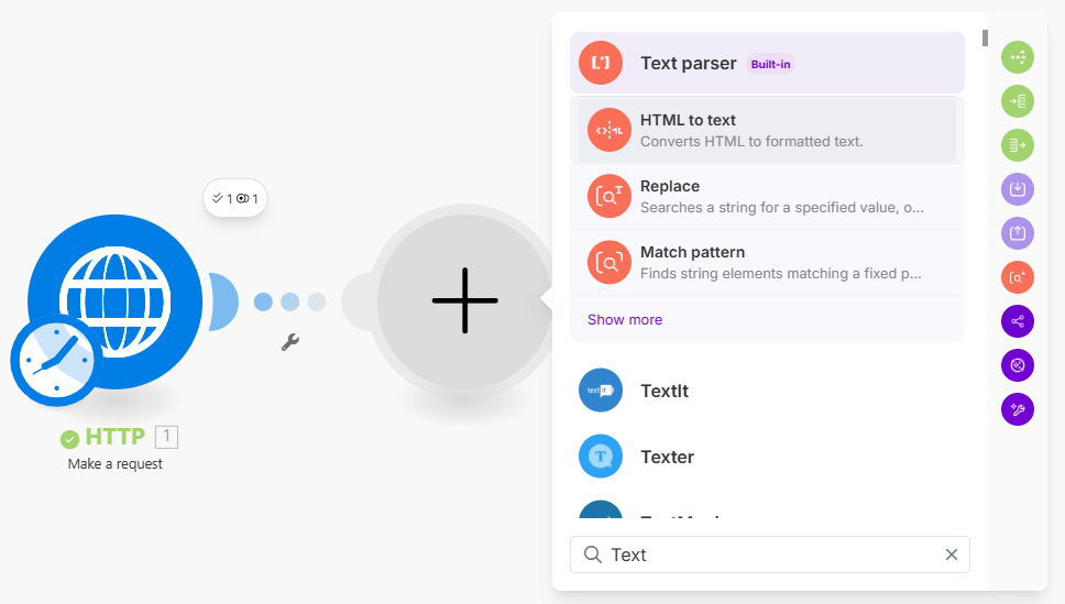 Dodawanie modulu Text parser w Make.com do przetwarzania HTML na czysty tekst