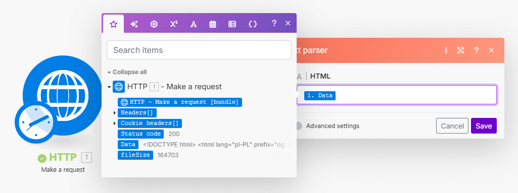 Przekazywanie danych z modulu HTTP do Text parser w Make.com w celu stworzenia prostego przeplywu automatyzacji