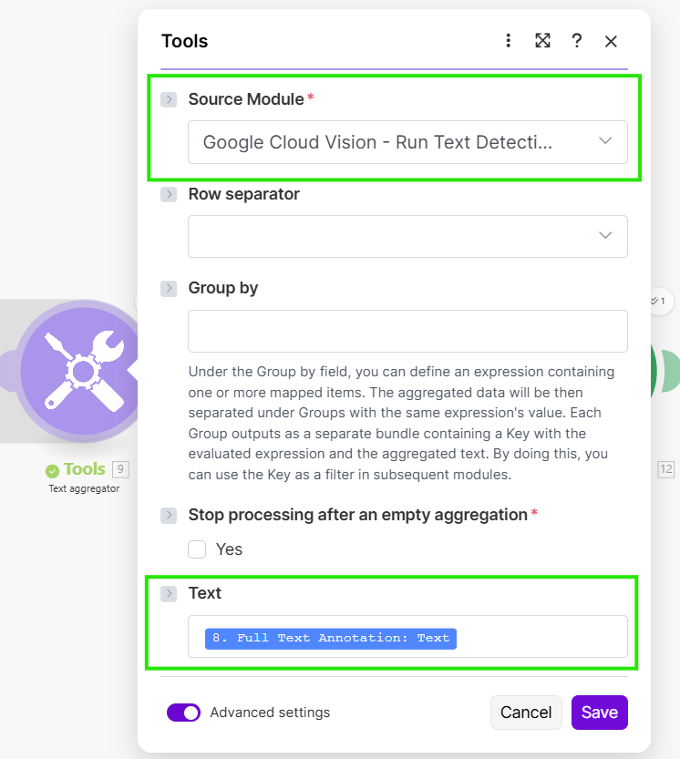 Konfiguracja modułu Text Aggregator w Make.com, używanego do dalszego przetwarzania tekstu po OCR.