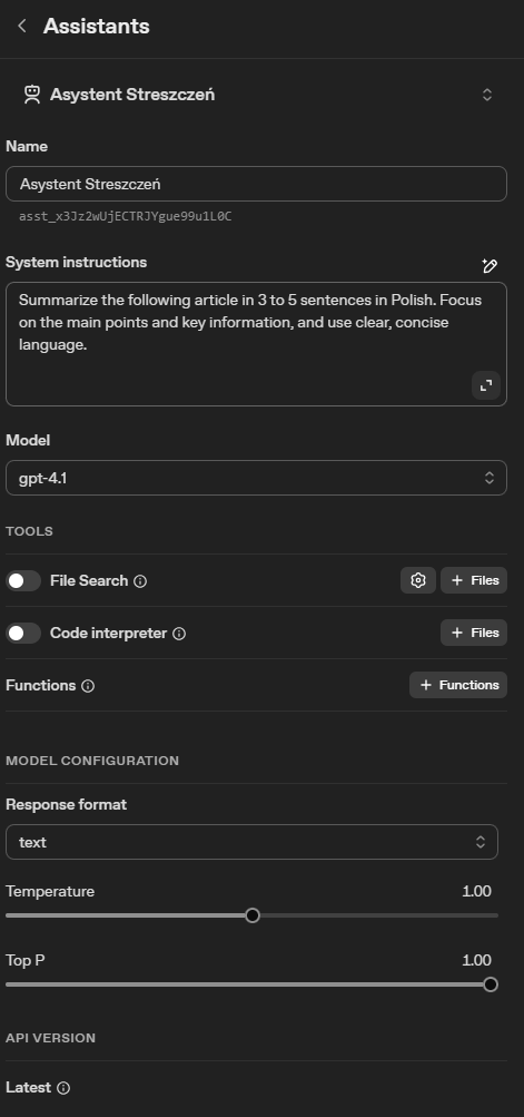 Kreator asystenta AI w OpenAI – tworzenie asystenta GPT-4.1 z promptem do streszczania artykułów, konfiguracja modelu i nazwy w panelu OpenAI Dashboard.