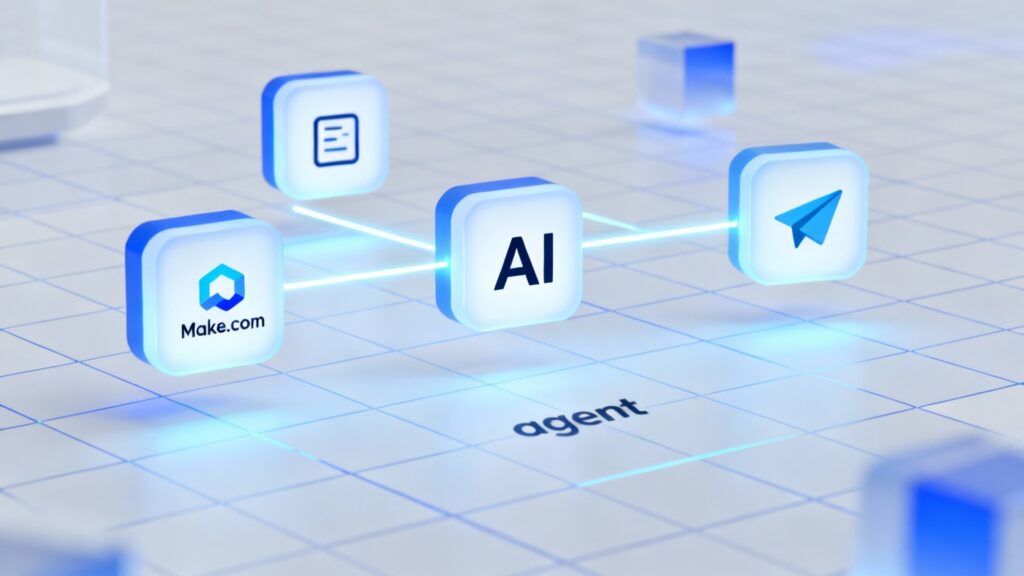 Grafika koncepcyjna pokazująca narzędzia do budowy agentów AI, takie jak Make.com i OpenAI, połączone w przepływ no-code.