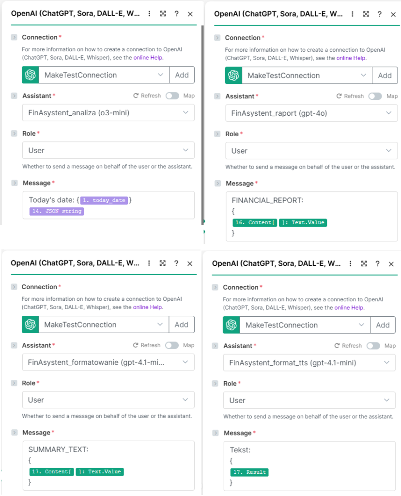 Konfiguracja asystentów OpenAI w Make.com – analiza danych, raport, formatowanie HTML i TTS