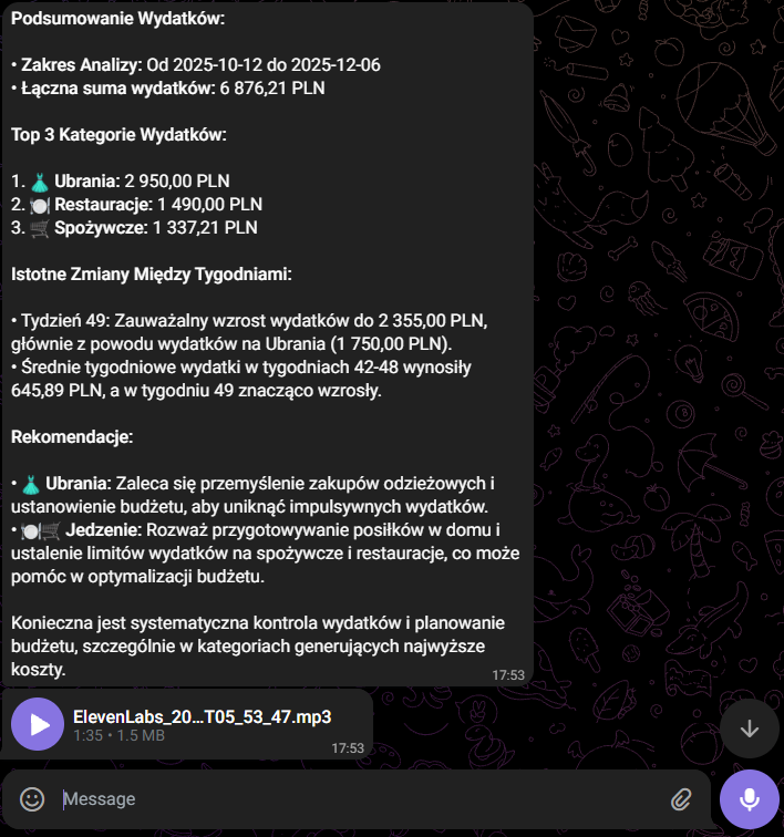 Tygodniowy raport wydatków wygenerowany przez agent AI z Make.com wysłany na Telegram