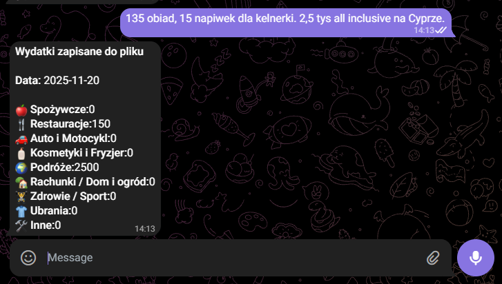 Agent AI z Make.com — przykład odpowiedzi na wiadomość Telegram, analiza wydatków użytkownika i przypisanie kwot do kategorii przez OpenAI.