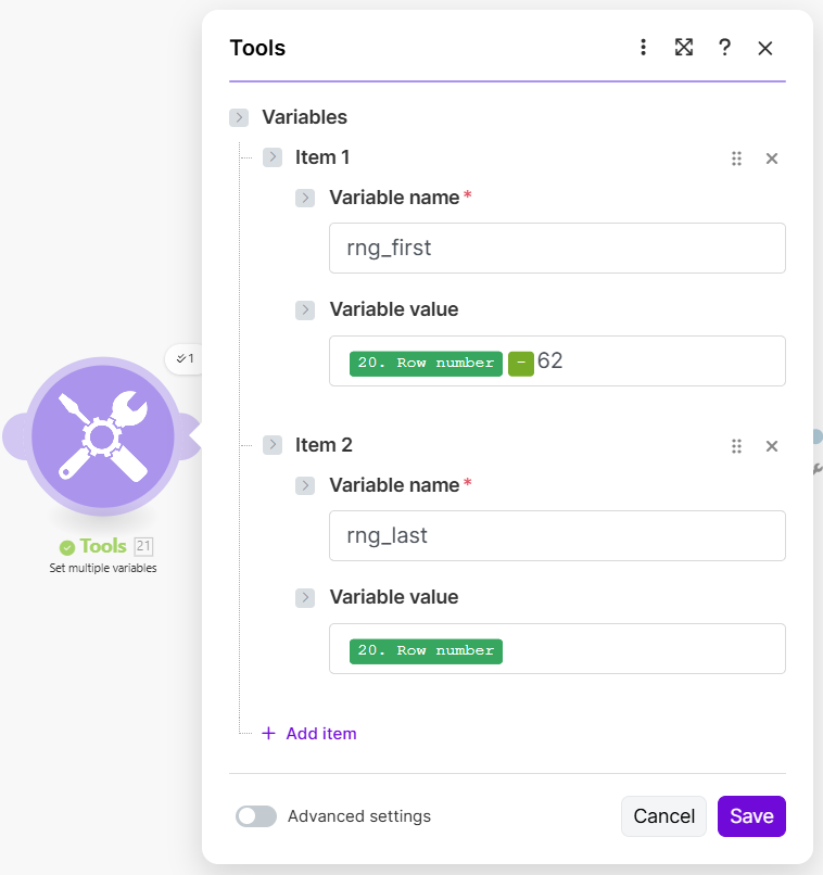 Make.com Tools Set Multiple Variables – wyznaczanie zakresu danych do analizy wydatków przez agent AI