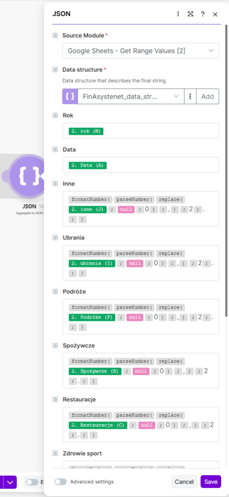 JSON Aggregate to JSON w Make.com – konwersja danych finansowych do formatu dla analizy przez OpenAI