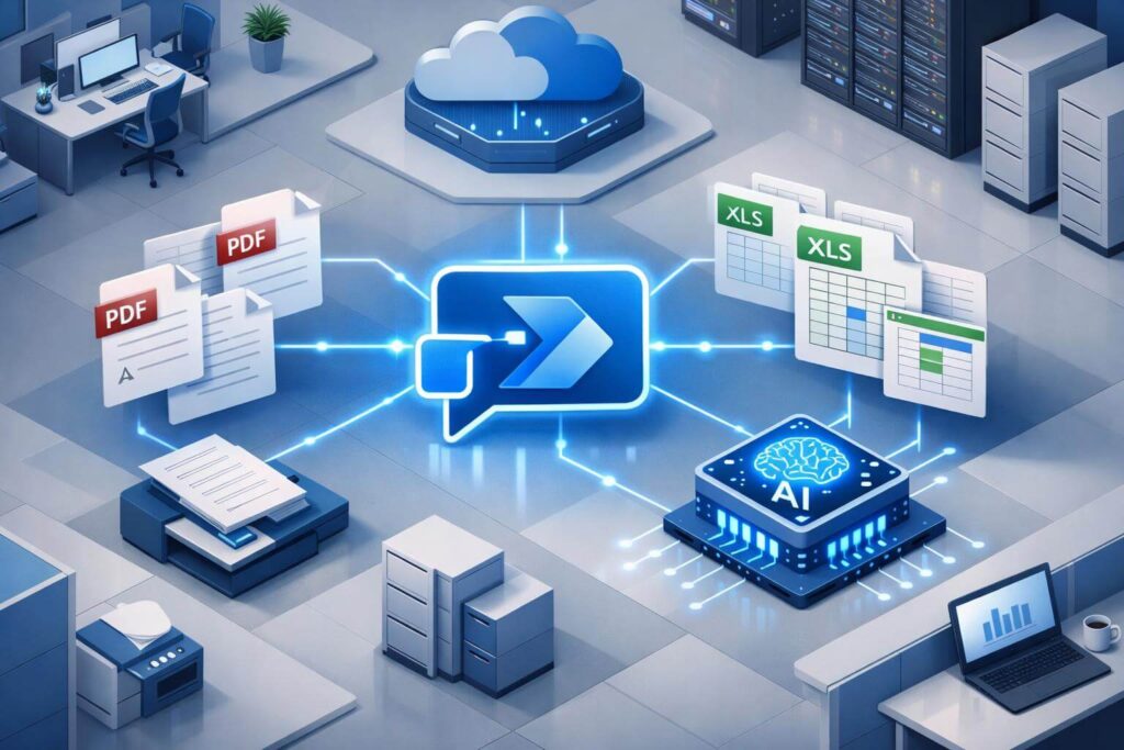 Grafika 3D wizualizująca proces: automatyzacja dokumentów Power Automate z wykorzystaniem Agenta AI.