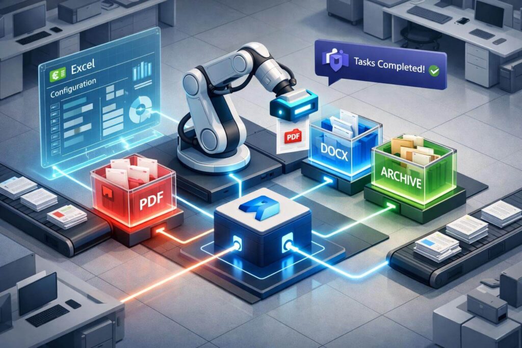 Schemat agent AI w Power Automate wykorzystujący AI Builder do klasyfikacji dokumentów.