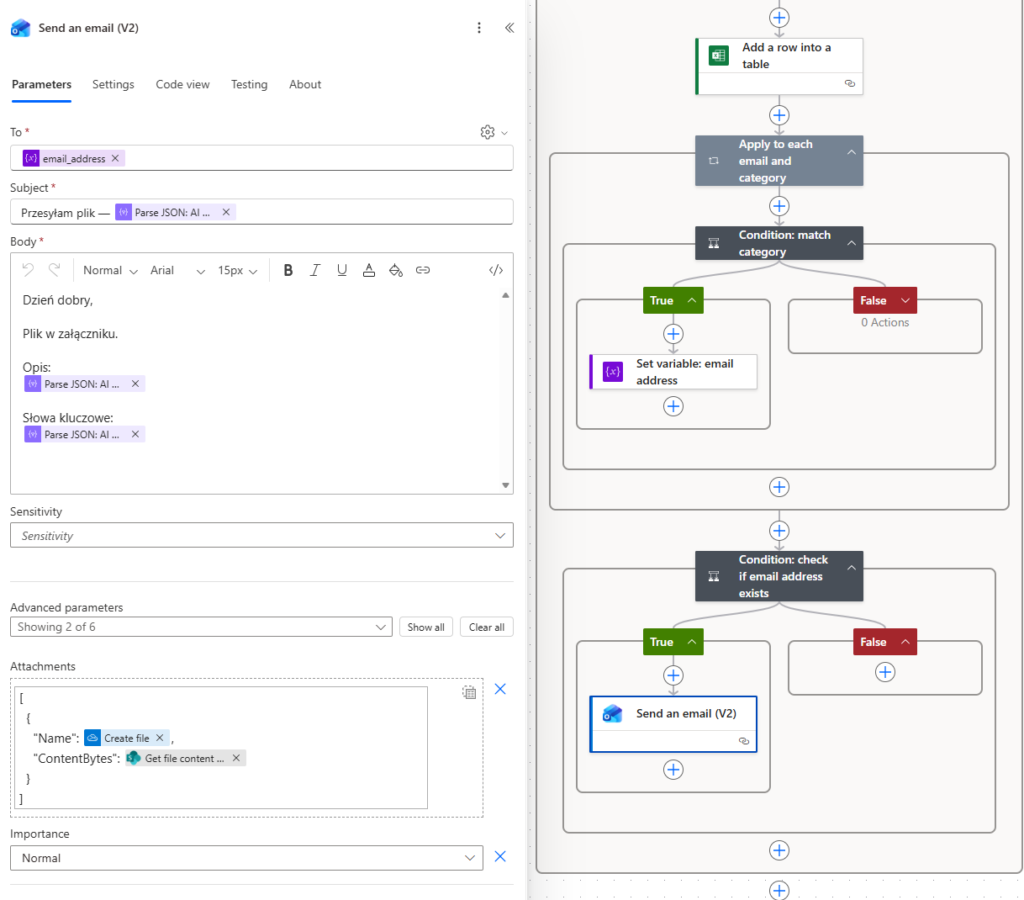 Konfiguracja akcji Send an email (V2) w Power Automate z dynamicznym załącznikiem pobranym z SharePoint.