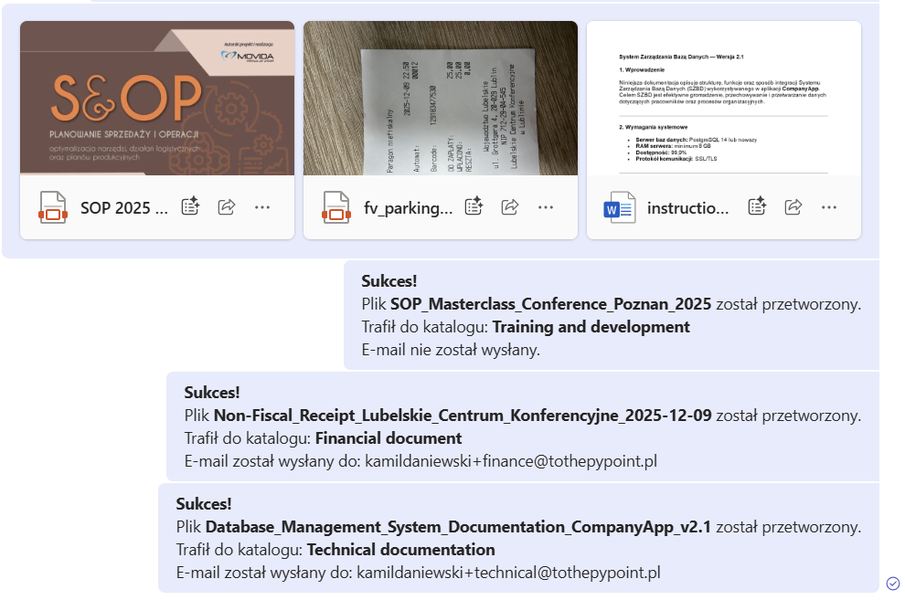 Widok czatu Microsoft Teams z automatyczną odpowiedzią agenta AI o poprawnym przetworzeniu i sklasyfikowaniu pliku.