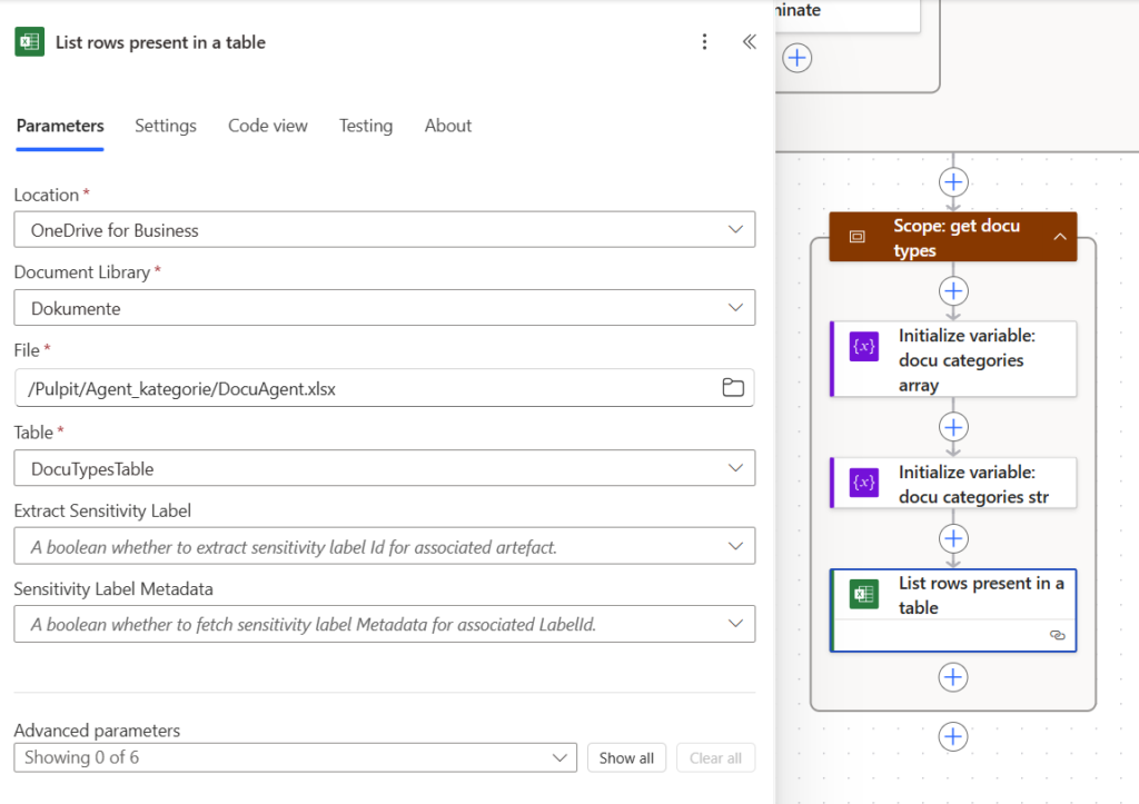 Power Automate – konfiguracja akcji „List rows present in a table” w Excel Online (Business) do pobierania kategorii dokumentów jako elementu automatyzacji Agent AI w Power Automate