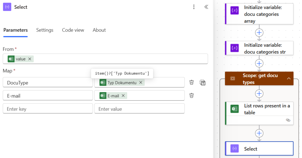 Power Automate – konfiguracja akcji Select (Data Operations) do mapowania typów dokumentów i adresów e-mail z tabeli Excel w automatyzacji dokumentów z wykorzystaniem AI