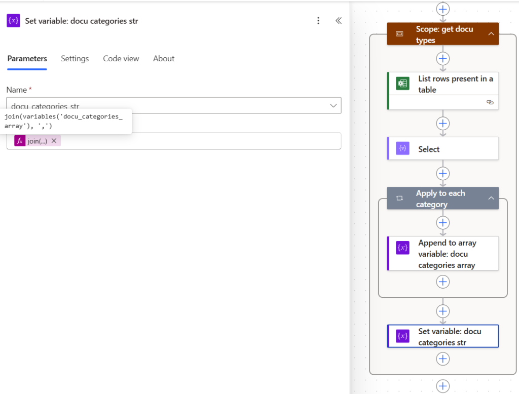 Power Automate – użycie funkcji join() w akcji Set variable do połączenia listy kategorii dokumentów w jedną zmienną tekstową na potrzeby klasyfikacji dokumentów AI