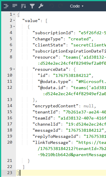 Struktura danych JSON wykorzystywana do automatyzacji dokumentów Power Automate.