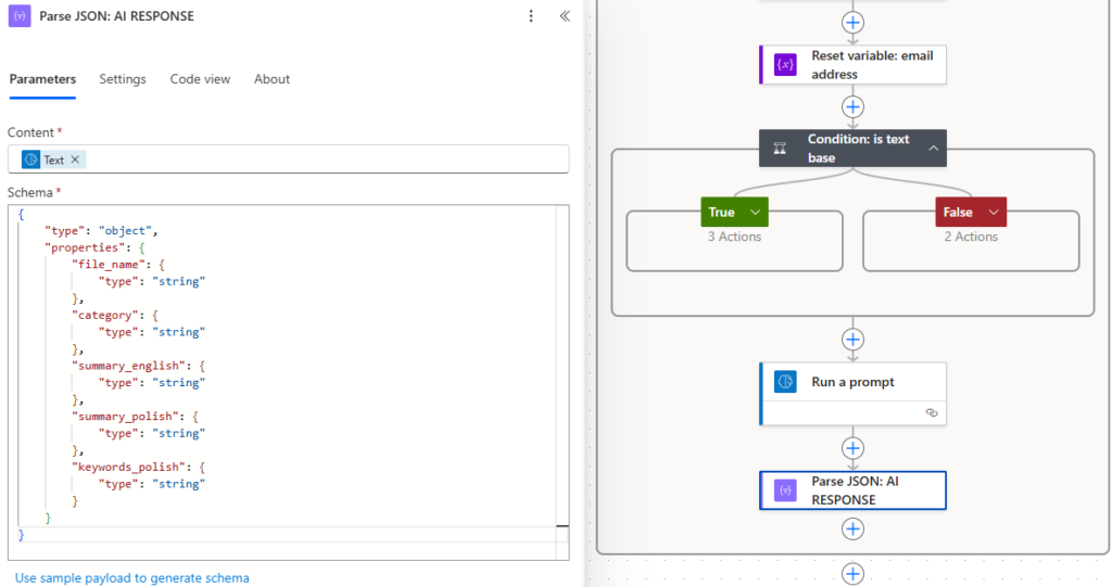 Power Automate – parsowanie odpowiedzi asystenta AI i struktury JSON w agencie AI do automatyzacji dokumentów