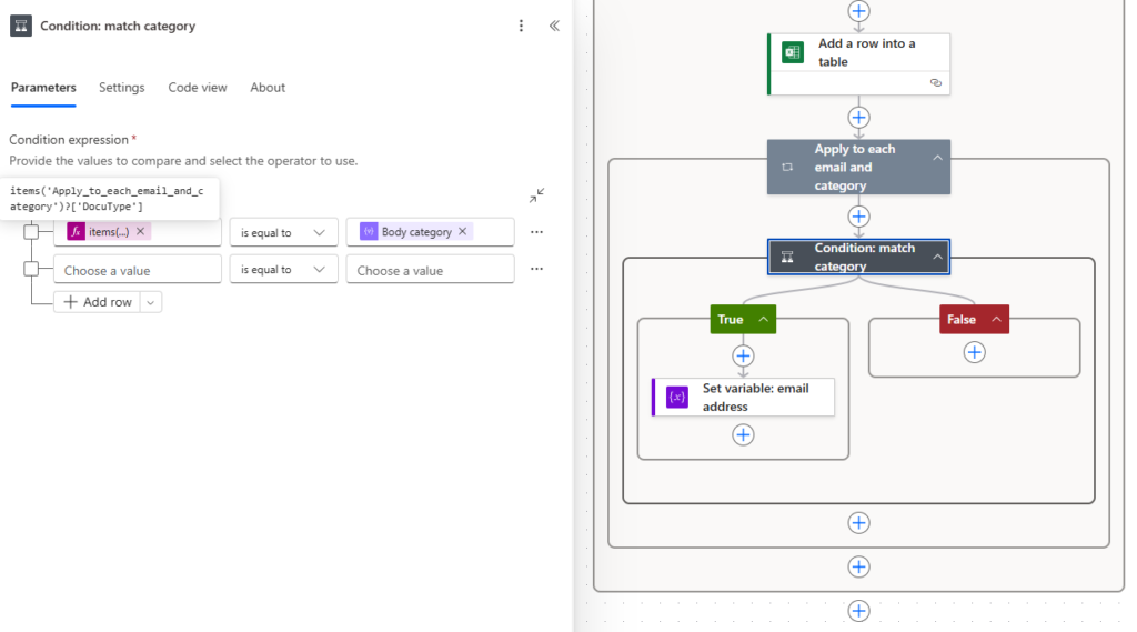 Logika pętli Apply to each w Power Automate dopasowująca kategorię dokumentu AI do adresu e-mail odbiorcy z tabeli Excel.